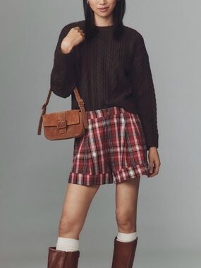 NWT • MAEVE Avery Pleated Trouser Shorts Red Pink Brown Plaid Oversized Look 4